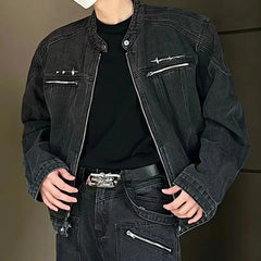 HEARUJOY  -  Male Denim Jackets High Street Shoulder Pad Design Patchwork Solid Men Short Coats American Style Loose Short Outwear Zipper
