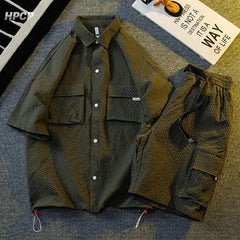Hearujoy Korean Style Fashionable Ice Silk Short-sleeved Work Shirt Suit American Summer Trend Quick-drying Shorts Clothes Complete Set