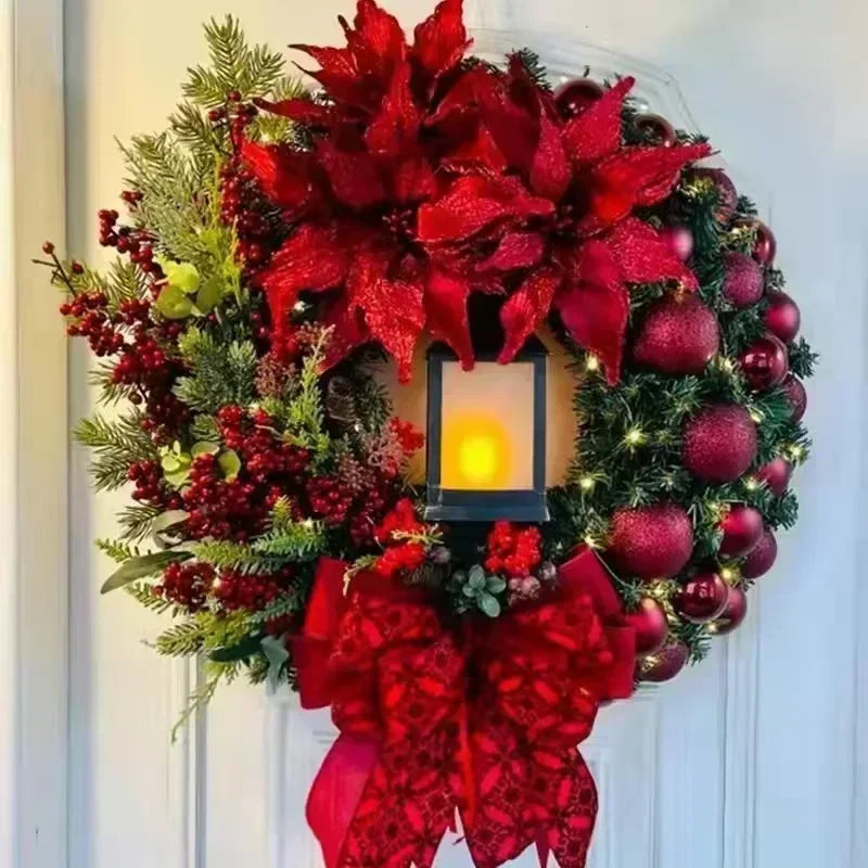 YICKYUE  -  30cm Christmas Wreath With Lantern, Front Door Garland With Large Bow Seasonal Ornament Christmas Decoration For Front Door Wall