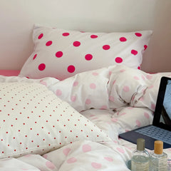 YICKYUE  -  Korean Style Bedding Set Polka Dot Duvet Cover Set 100% Cotton Flat Sheet Single Size Double Bed Sheet Set For Girls Bedroom
