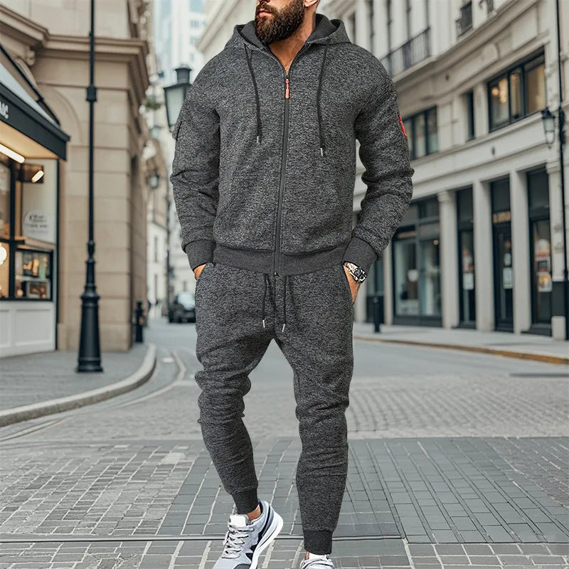 HEARUJOY  -  Men Sets Sweatshirts Cardigan Zipper Hooded Hoodies Skinny Pencil Pants Two Pieces Pockets Draw String Sports Casual Spring