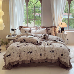 YICKYUE  -  4-pcs Set with Linen Touch, Pure Polyester Material Ruffled Romantic Bow Design Girl Woman Bedroom Bedding Set Colored Flowers