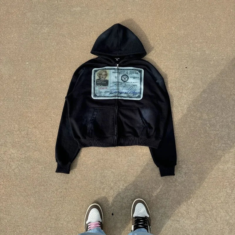 Hearujoy Hip Hop Harajuku Punk Print Jacket for Men Y2k Fashion trend brand Zipper Hoodie Retro street casual oversized sweatshirt