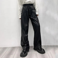 Hearujoy Casual Drawstring PU Leather Long Pants Men Trousers Spring Fall  Loose Y2k Elastic Waist Straight Wide Leg Faux Leather Pants