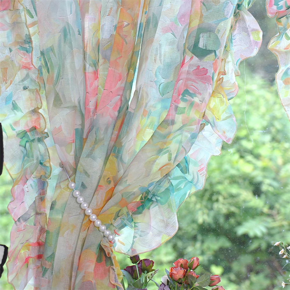YICKYUE  -  Retro Printing Curtain Art Living Room Gauze Curtain Velcro Curtain Ruffled Door Curtain Partition Punch-Free Customizable