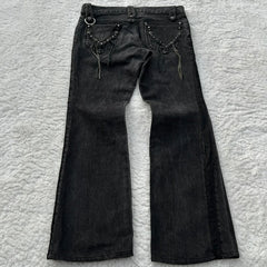Hearujoy Y2K Black Washed Denim Pants Vintage Cross Leather Detail Micro Flared Jeans Punk High Street Western Cowboy Unisex Streetwear