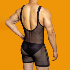 Hearujoy Mens sexy tight-fitting solid color mesh see-through jumpsuit shaping breathable sexy suspenders home underwear for men