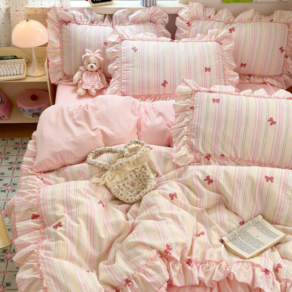 YICKYUE  -  3pcs pink seersucker Duvet Cover Set (1*Duvet Cover + 2*Pillowcase, Without Core),pink bow Bedding Set