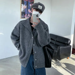 Hearujoy Solid Color Versatile Button Up Cardigan Lapel Sweater Men Women Lazy Style Loose Fitting Couple Casual Turn Down Collar Jacket