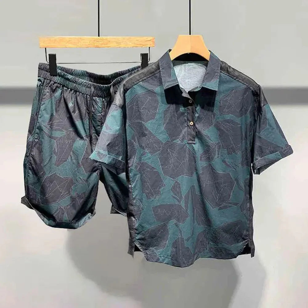 Hearujoy Mens Short Sleeve Shorts Set Creative Print Pattern Fashion Splicing Design Short Sleeve Short Casual Personality Chic Suit