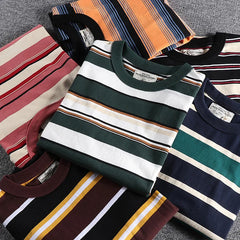 HEARUJOY  -  Summer Splicing Pure Cotton Stripe Short Sleeve T-shirt Streetwear Amekaji Heavyweight Casual Male Round Neck Tshirt Tops Tee