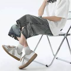 Hearujoy Korean Style Zipper Decor Men's Jeans Sixer Pants Summer Male Wide Leg Shorts 2024 Washed Fashion Loose Casual Denim Trousers