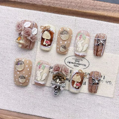 YICKYUE  -  New Heavy Industry Cartoon Short Press on Nails Cute False Nails with Squirrel Relief Sculpture Handmade Nail Tips 네일팁