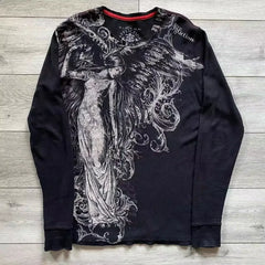 Hearujoy Y2K Affliction New American Retro Washed Men Long-sleeved Round Neck Fake Two piece Shirt Skull Print Trend Street Casual Shirt