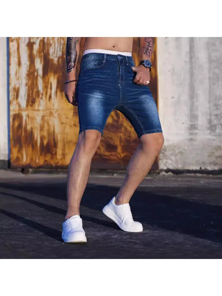 HEARUJOY  -  Men New Denim Shorts Knee Length Shorts Zipper Fly Solid Mid Waist Summer Spliced Pockets Casual Distressed Washed Skinny 2025