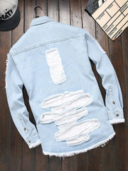 HEARUJOY  -  Men's Light Blue Ripped Distressed Washed Denim Long - Sleeve Shirt for Spring and Autumn