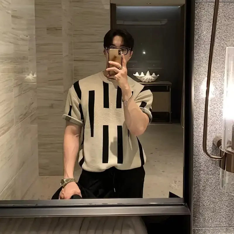 HEARUJOY  -  Men's Beige Black Geometric Striped Knit T-shirt Crew Neck Short Sleeve Casual Slim Fit Top For Daily Streetwear