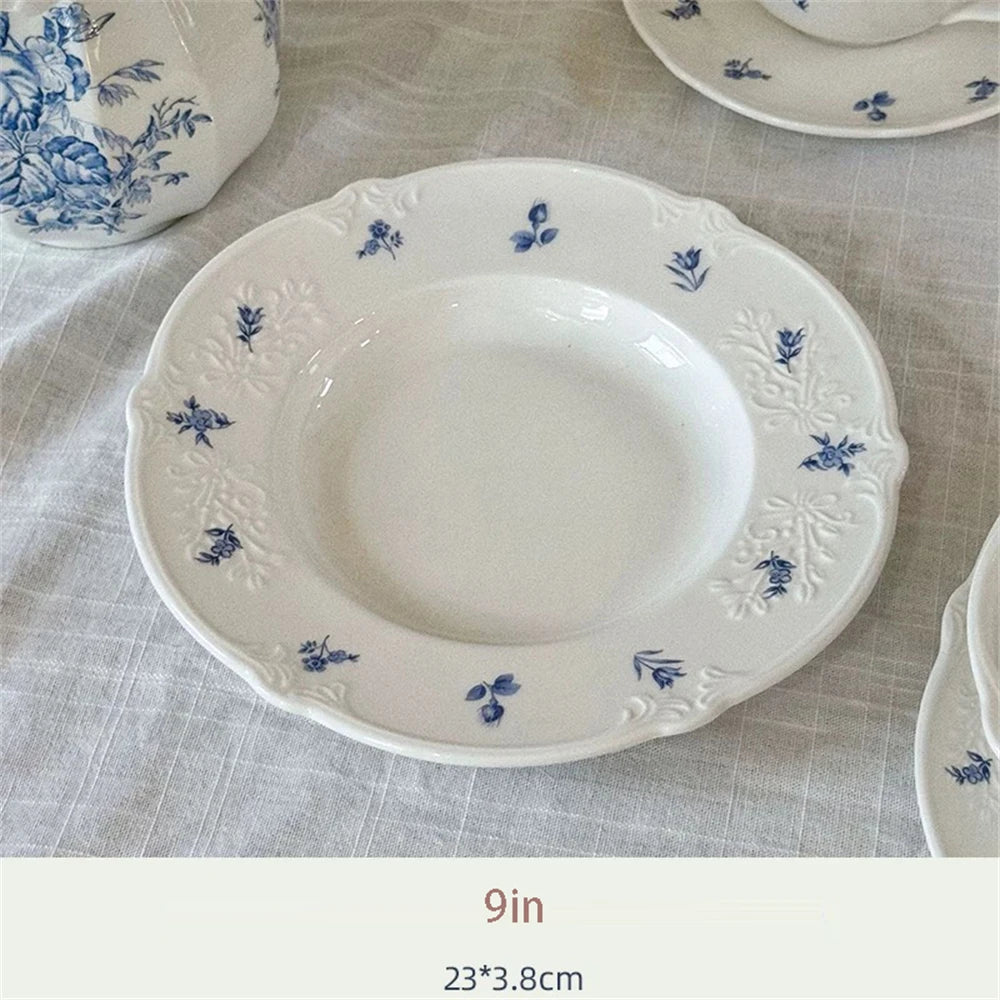 YICKYUE  -  Simple Blue Printing Tableware Kitchen Supplies White Relief Tableware Western Dessert Steak Cake Dim Sum Fruit Dish Set