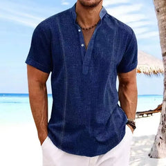 HEARUJOY  -  Men's Shirt Cotton Linen Blouse Spring Summer Casual Solid Stripe Short Sleeve Male Shirts Pullover Tees Shirts Men Clothes