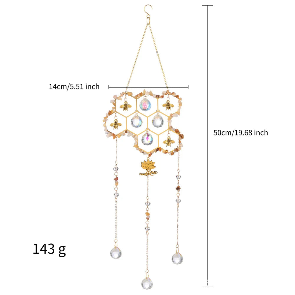YICKYUE  -  Honeycomb Bee Crystal Sun Catcher Wall Hanging Natural Chip Stones Prism Rainbow Maker Lotus Pendant Window Home Decor Ornaments