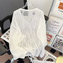 HEARUJOY  -  Men V-neck Long Sleeve Knit Shirts Loose Elastic Hollow knit Sweater T-shirt Slightly Transparent Knitted Sweaters Streetwear