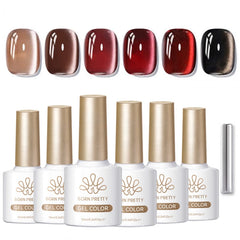 YICKYUE  -  6 Bottle Winter Autumn Glass Bead Cat Magnetic Gel Set Dark Red Brown Soak Off UV Gel Salon Set Kits Manicure