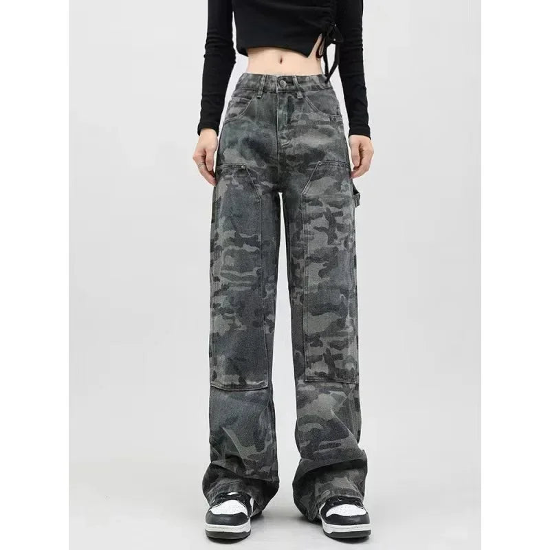 HEARUJOY  -  Women Jeans Denim Cargo Pant Long Pants Camouflage Straight Trousers Loose Casual Splice Button Pocket High Waist Autumn New