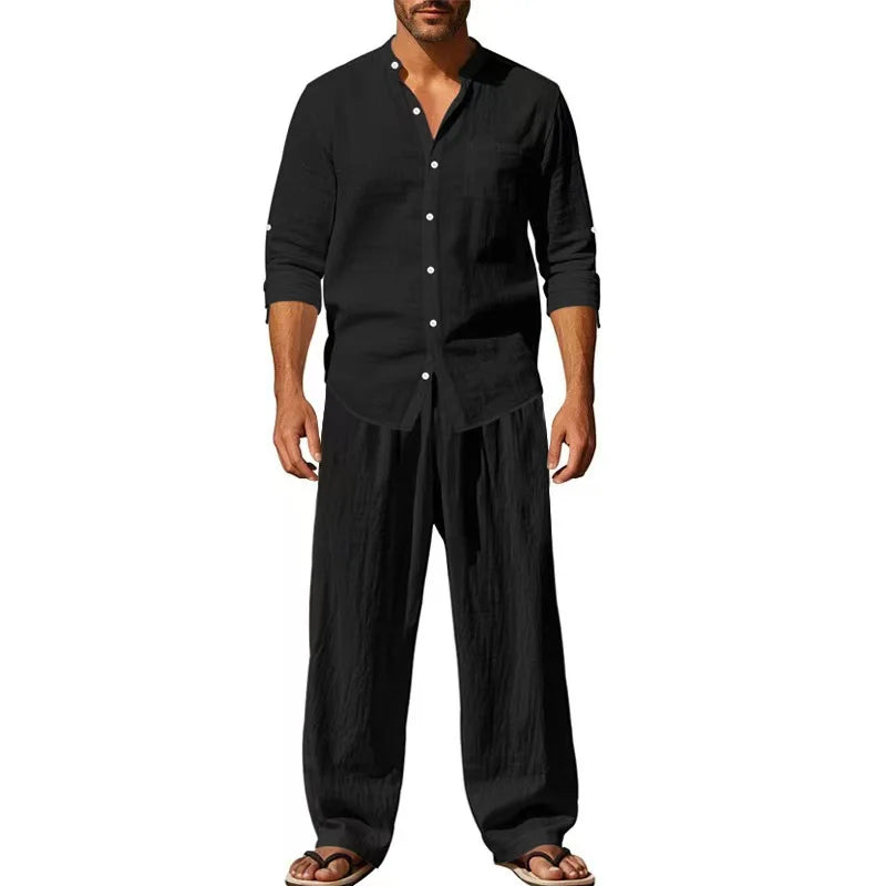 HEARUJOY  -  Spring Autrumn New Casual Men Linen Two Piece Set Fashion Solid Loose Outfits Stand Long Sleeve Shirts and Trouser Suits Mens