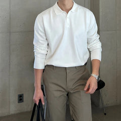 HEARUJOY  -  Spring Autumn New Fashion Turn-down Collar Long Sleeve Solid T-Shirts Men's Clothing Button All-match Bottoming Shirt Trend Tops