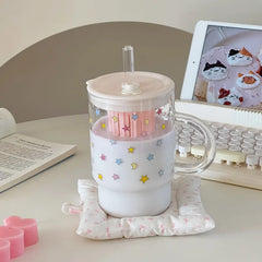 YICKYUE  -  High Borosilicate Glass Star Straw Cup Household Transparent Large Capacity Drinking Cup for Girls with Lid and Handle Straw Cup