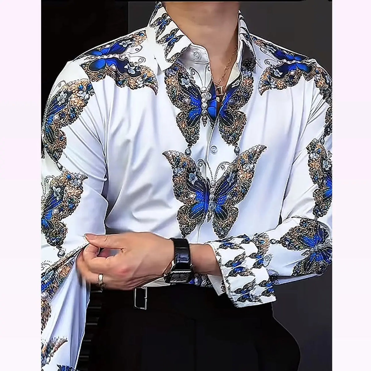 HEARUJOY  -  Men's Heavy Embroidered Rhinestone Elastic Luxury Butterfly Print Anti-Wrinkle Slim Fit Shirt