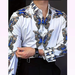 HEARUJOY  -  Men's Heavy Embroidered Rhinestone Elastic Luxury Butterfly Print Anti-Wrinkle Slim Fit Shirt