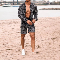 HEARUJOY  -  Summer Newest Men 2 Piece Suit Clothing Long-sleeved Printed Shirts Top With Casual Shorts Fashion Male  Beach Wear Loose Outfit