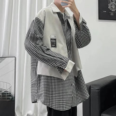 HEARUJOY  -  Fake Two-piece Plaid Spliced   long-sleeved Shirt Loose Design Men's Casual Hong Kong Style Jacket Spring and Autumn New Style