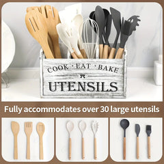 YICKYUE  -  1pc Rustic Wooden Kitchen Utensil Holder - 3-Compartment Countertop & Wall-Mounted Organizer for Forks, More - Space-Saving