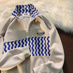 HEARUJOY  -  Spring Autumn Patchwork Fashion Plaid Y2K Sweatshirts Man Half Zip Harajuku Pullover Tops Oversized Chic Streetwear Male Clothes