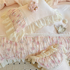 YICKYUE  -  3/4Pcs Princess Style Pink Floral Print Lace Ruffle Boiled Cotton Bed Set Queen Size Double Bed Linen Full-Size For Room