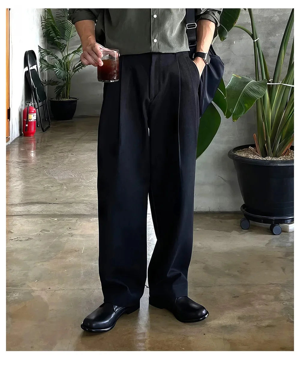 HEARUJOY  -  Casual Men's Pleated Dark Grey Western Pants Buckle Design Wide Leg Pants Versatile Long Trousers for Business And Leisure