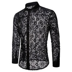 HEARUJOY  -  Shirts Sexy Lace Hollow Out Cardigan Turn Down Collar Men Single Breasted Shirt Long Sleeve High Street Button New Summer
