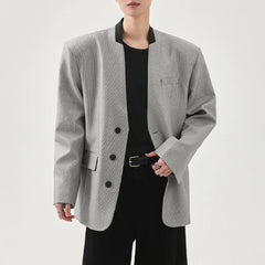 HEARUJOY  -  Men Blazer Plaid Patchwork V Neck Button Long Sleeve Casual Suit Men Streetwear Elegant Fashion Male Coats Blazer