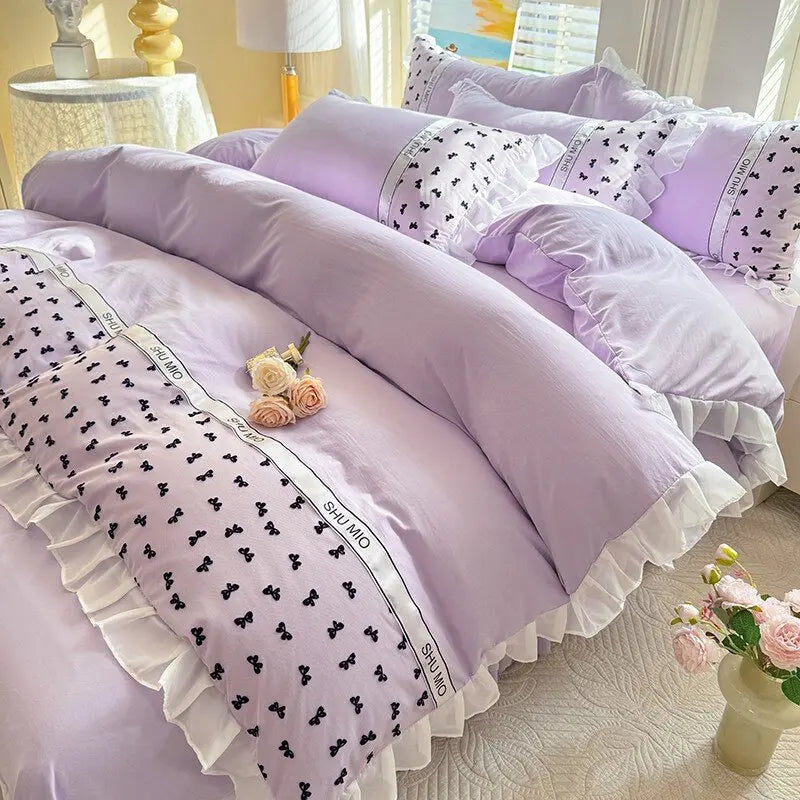 YICKYUE  -  4Pcs Bedding Set Korean Princess-Style White Lace Duvet Cover Pillowcases And Ruffled Bed Skirt Couple Quilt King-Size Sheets