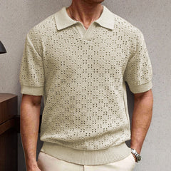 HEARUJOY  -  Summer New Men's Solid Color Jacquard Hollow Short-Sleeved Shirt Retro Fashion Trend Casual Simple Loose Breathable Men's Tops