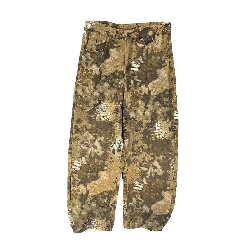 Hearujoy Gothic Punk Snake Pattern Camouflage Wash Baggy Jeans Men and Women Casual Straight Wide Leg Scimitar Pants Harajuku Streetwear