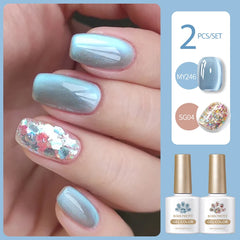 YICKYUE  -  2Pcs Gel Nail Polish Set Kits Blue Glass Moonlight Cat Magnetic Gel with Sparkling Glitter Soak Off UV LED Varnish