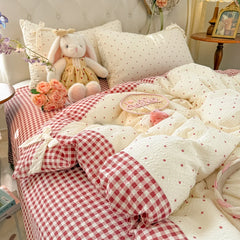 YICKYUE  -  3/4Pcs Bedding Set Plaid Polka Dot Cotton Bedding Princess-Style For Home Double Bed Duvet Cover Bed Sheets With Pillowcase