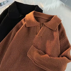 HEARUJOY  -  Men Polo Collar Knitted Sweater Long Sleeve Pullovers Loose Fit Jumpers Solid Streetwear Sweaters 2025 New Winter Slight Strech