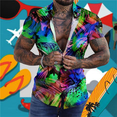 HEARUJOY  -  Wrinkle-Free New Men'S Shirt Casual Men'S Loose Lapel Coconut Tree Print Short Sleeve Cuffs Button Port Roupas Masculinas
