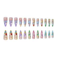 YICKYUE  -  24pcs French Graffiti Flower False Nails Almond Press On Nails Dopamine Nail Tips Women's Party Daily Long Pointed Manicure Art