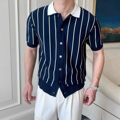 HEARUJOY  -  Men's Knitted Stripe Short Sleeve T-Shirt, New Summer Fashion Trendy Brand Youth Versatile Casual Polo Shirt