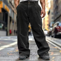 HEARUJOY  -  Spring Autumn Casual Corduroy Pants Men's Long Pants Solid Drawstring Casual Breathable Wide-leg Multi-pocket Straight Pants
